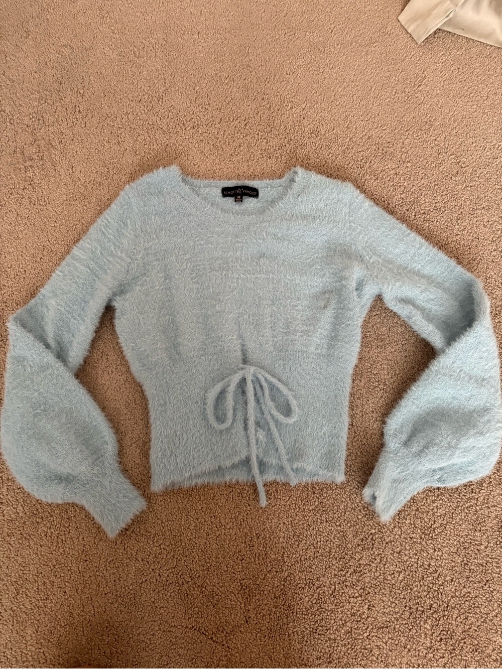 Almost Famous Pale Blue Fuzzy Tie-Waist Crewneck Sweater